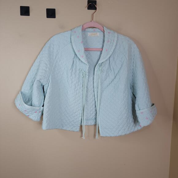 Vintage Other - Vintage Barbizon Light Blue Bow Quilted Cropped Bed Jacket Size L Bunny Puff